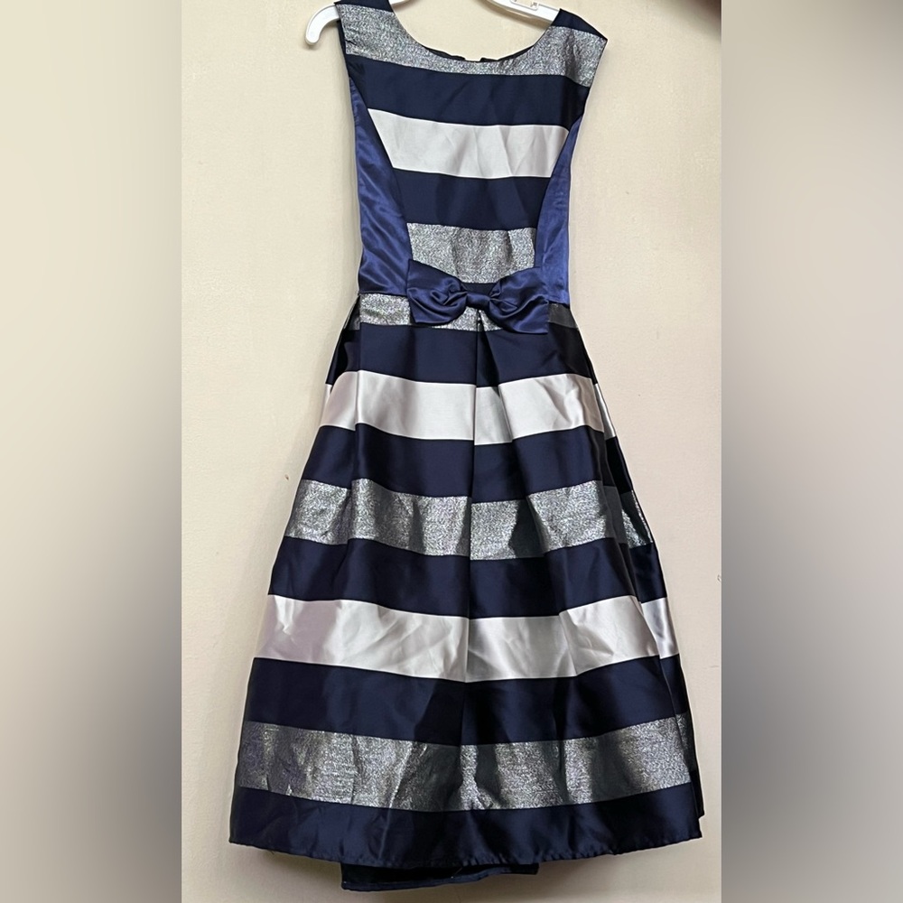 Dorissa Elegant Navy and Silver Striped Kids Dress